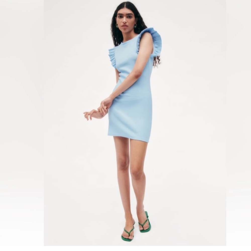 Zara Powder Blue Ruffle Sleeve Midi Dress